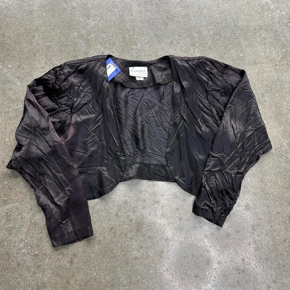 Vintage 90s Identity Black Satin Size Large Made In Usa Cropped Cardigan Blouse